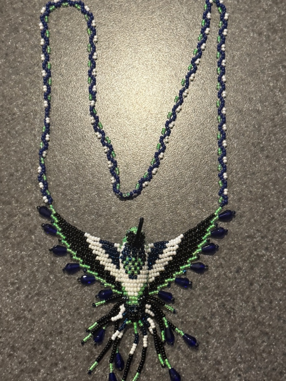 Handmade Beaded Hummingbird Necklace — Navy, White & Green Seed Beads